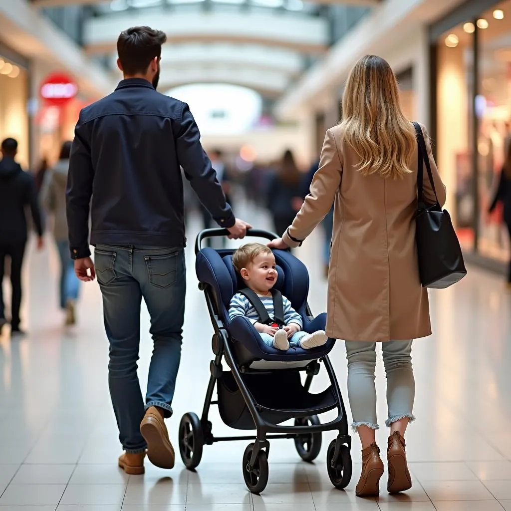 Parents navigating a shopping mall with a foldable stroller car seat