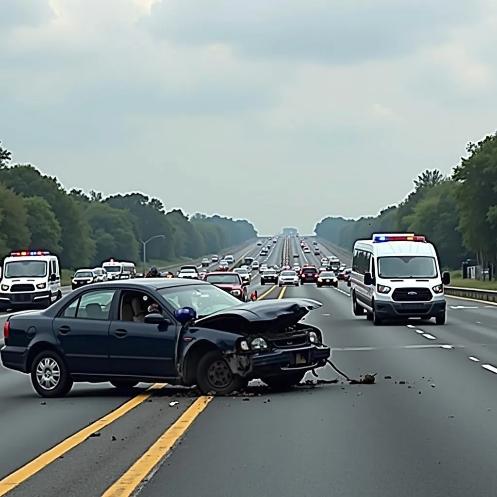 Fatal car accident scene on highway with emergency responders