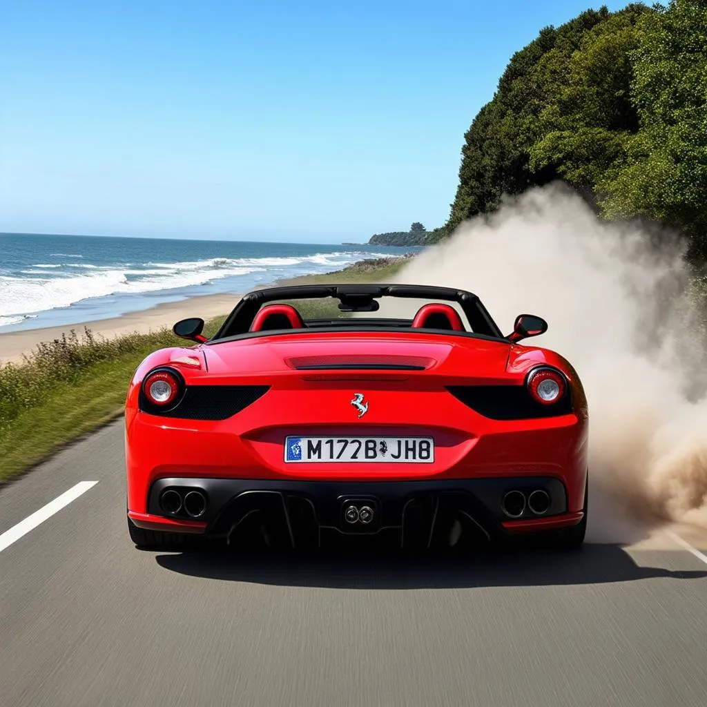 Red Ferrari driving on a scenic Long Island road