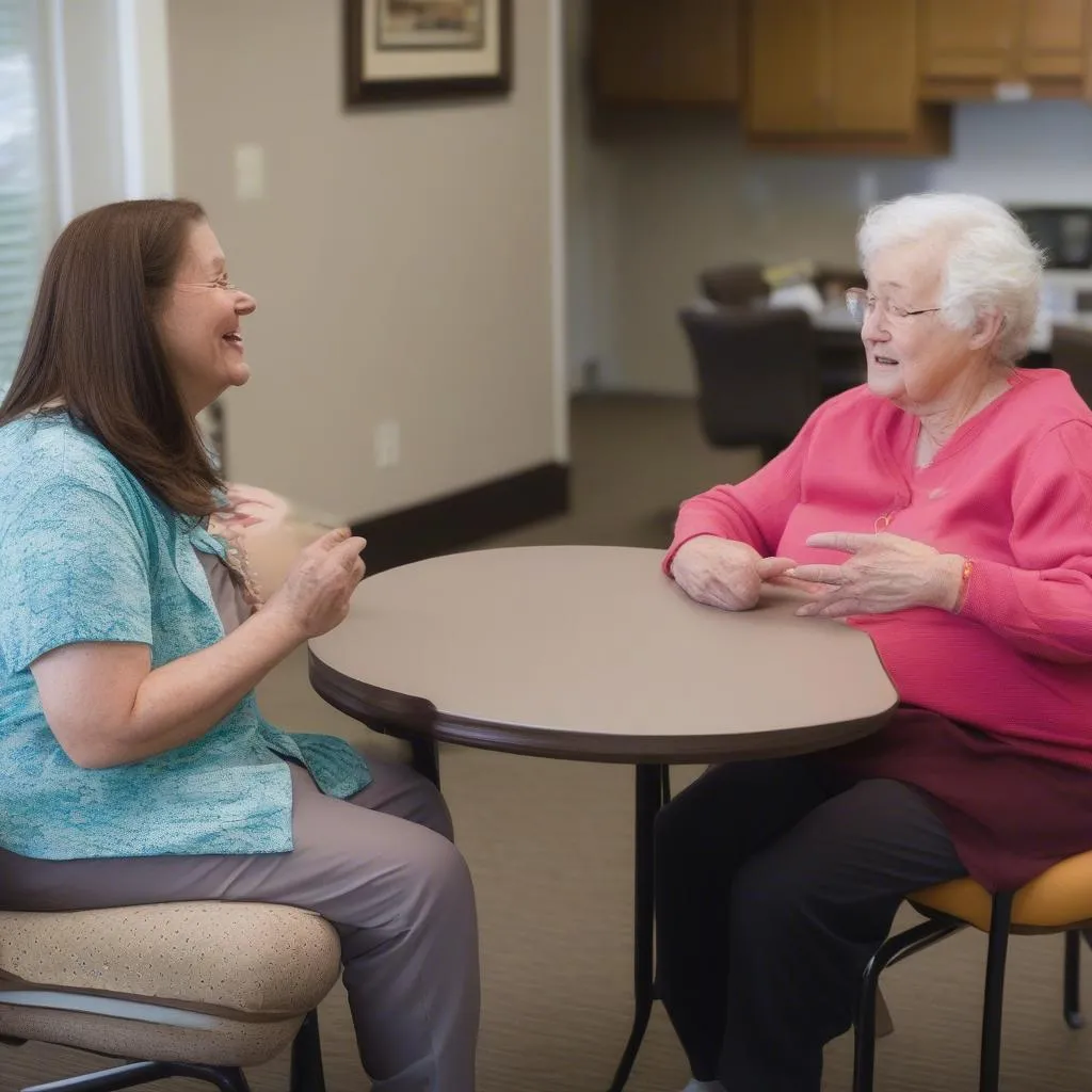 Concerned staff member interacting with a resident