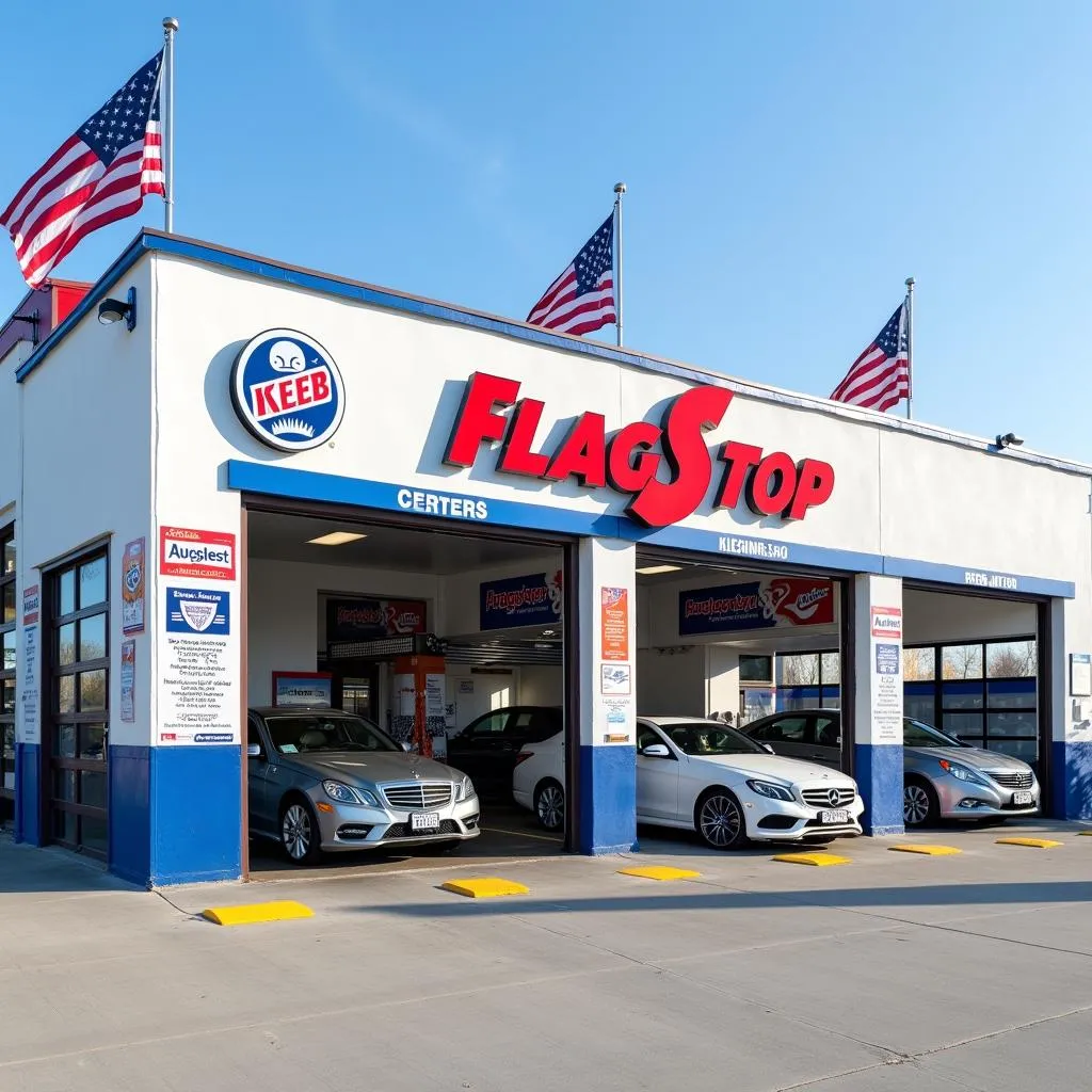 Modern car wash exterior with flags