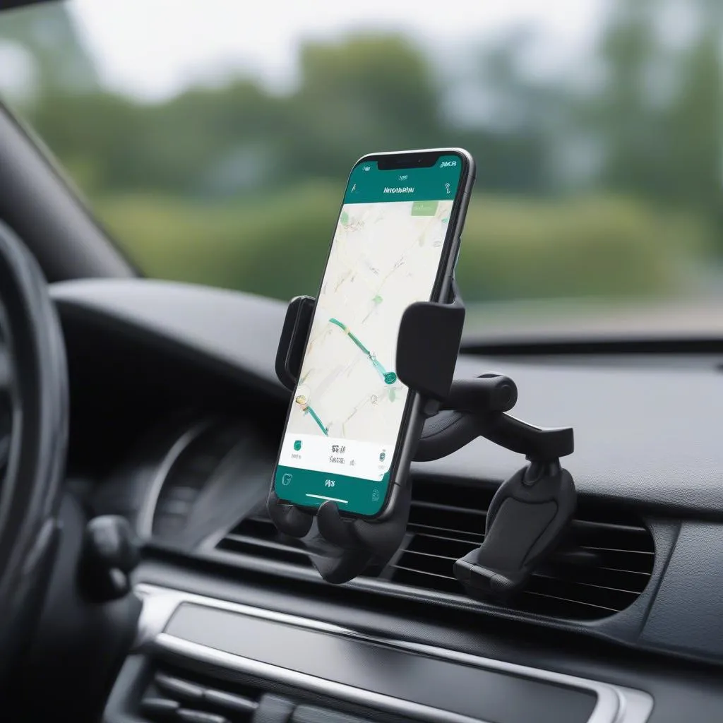 Flexible phone holder mounted on a car dashboard