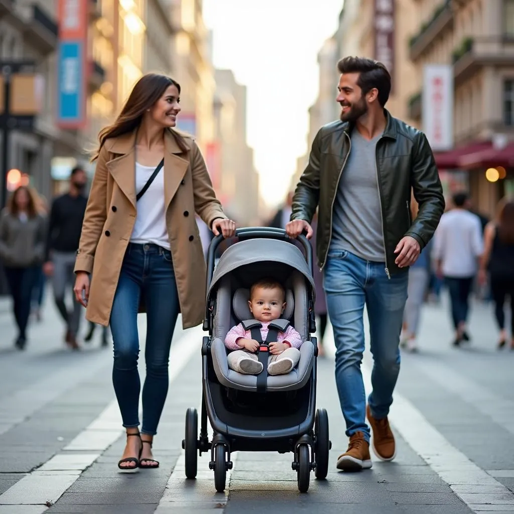 Family using foldable stroller car seat on a city street