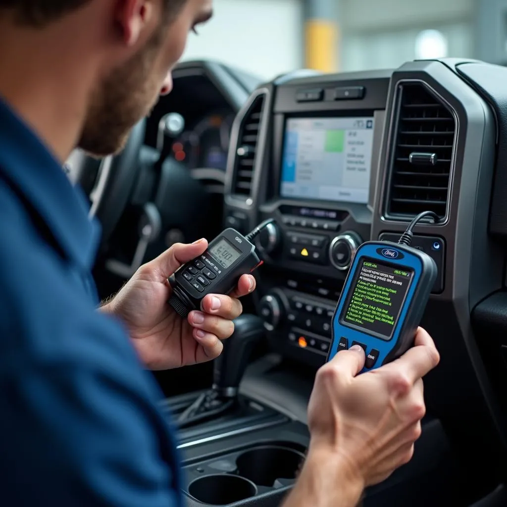 Mechanic Using OBD Scanner on a Ford F-150