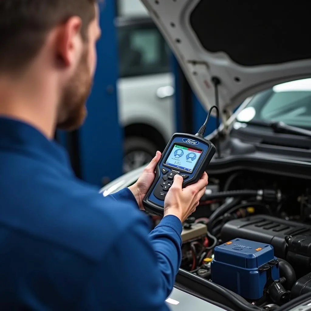 Ford Mechanic Diagnosing Vehicle