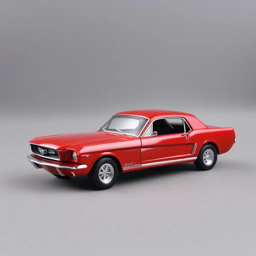 A detailed 1/18 scale model of a Ford Mustang. The model captures the iconic design elements of the car, showcasing its sleek lines and powerful stance.