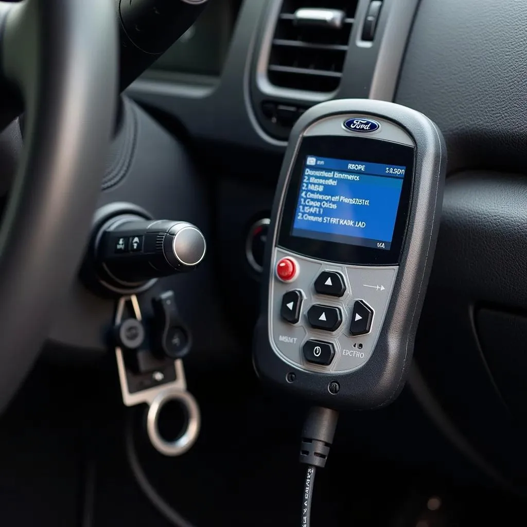 Ford OBD code reader plugged into a car's OBD port