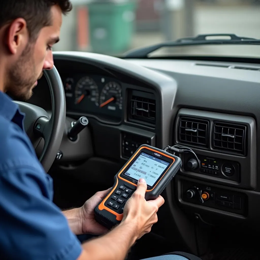 Mechanic Using a Ford OBD1 Scanner to Read Trouble Codes on a 1993 E250