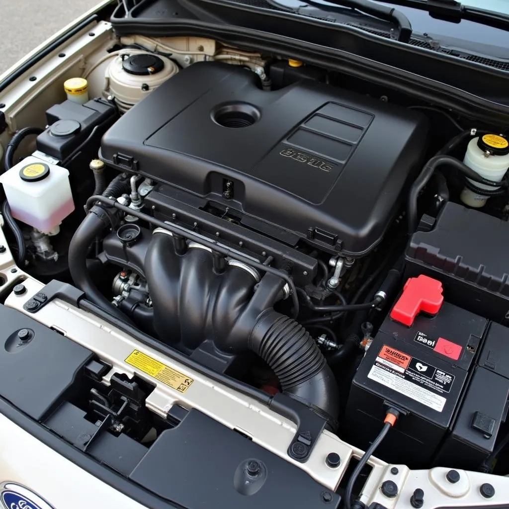 Ford Taurus engine bay with highlighted components