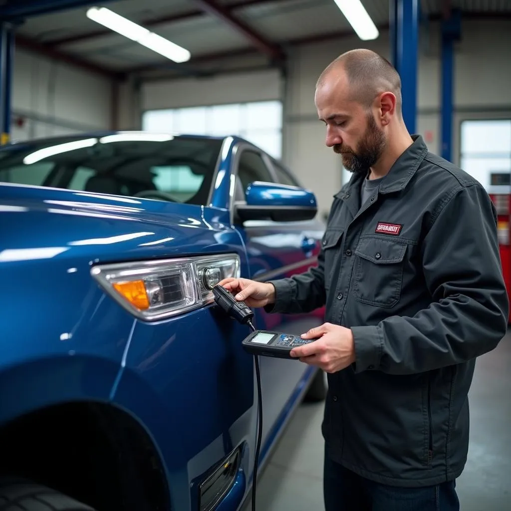 Mechanic using an OBD scanner on a Ford Taurus