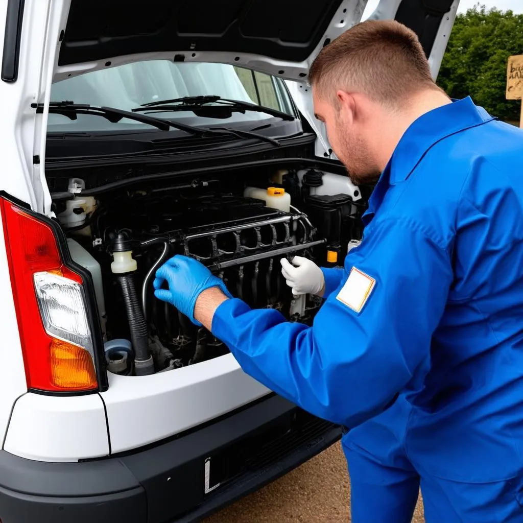 A mechanic inspecting the engine bay of a Ford Transit