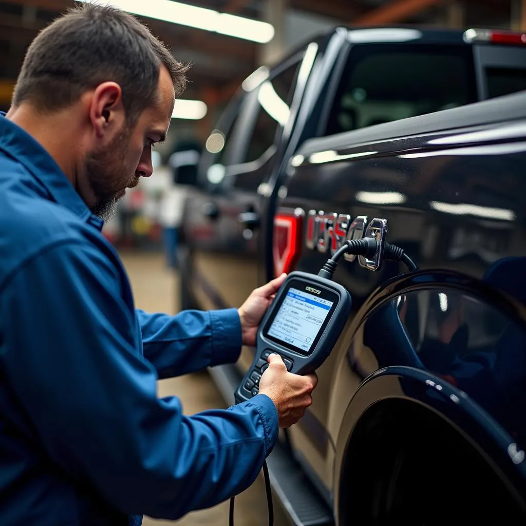 Mechanic using a Ford VCM OBD Tool