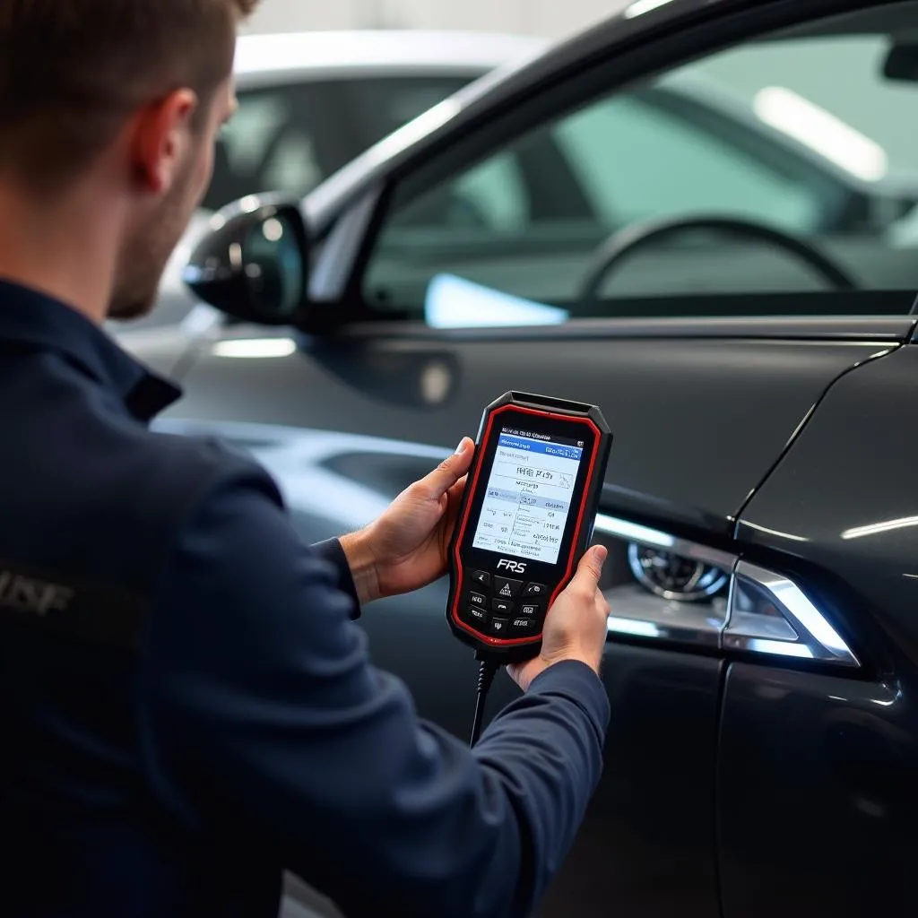 Peugeot car with FRS OBD scanner connected