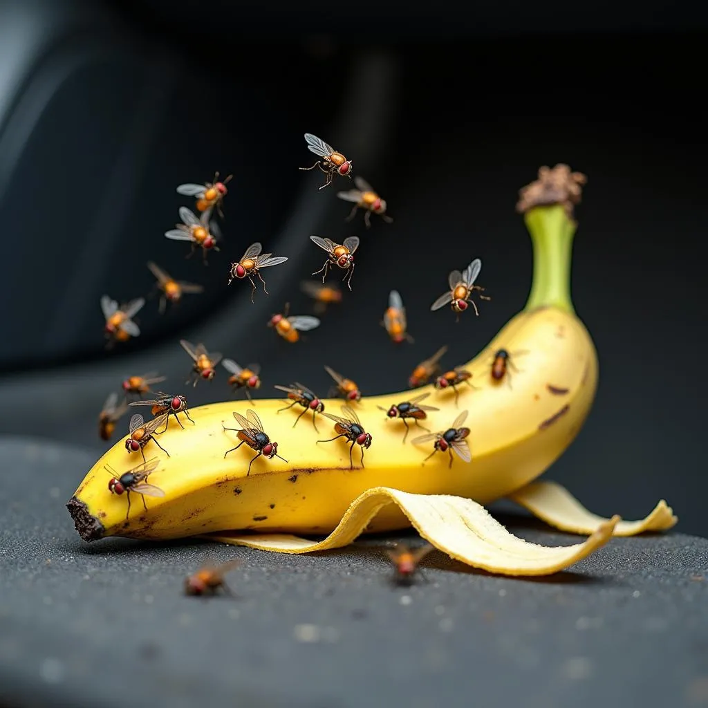 Fruit flies swarming a discarded banana peel inside a car