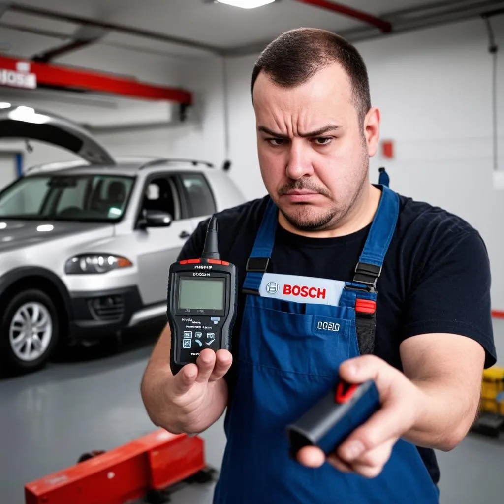 Frustrated mechanic holding a Bosch OBD 1050 scanner