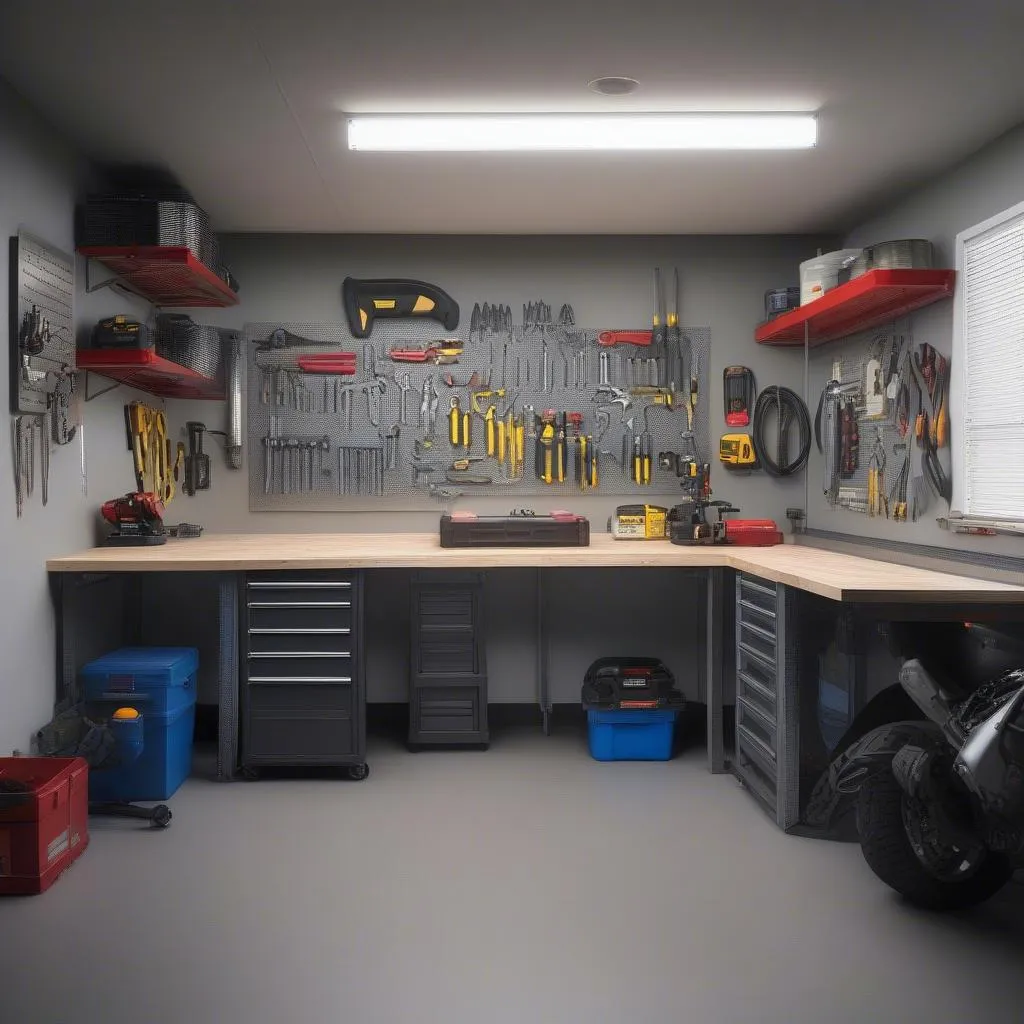 Organized garage workspace with workbench and tool cabinets