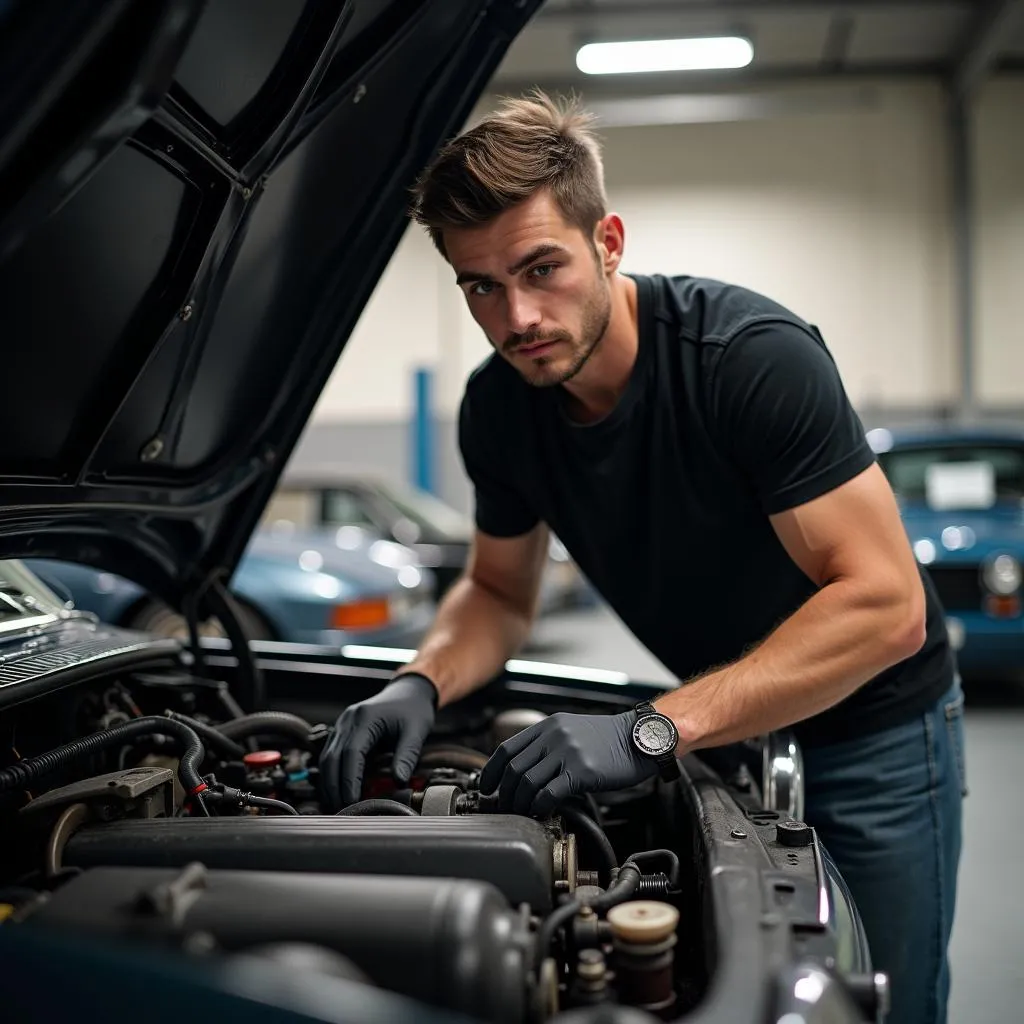 A German car enthusiast working under the hood of his car in a garage.