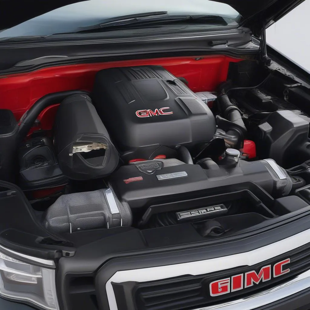 GMC Sierra engine bay with the hood open.