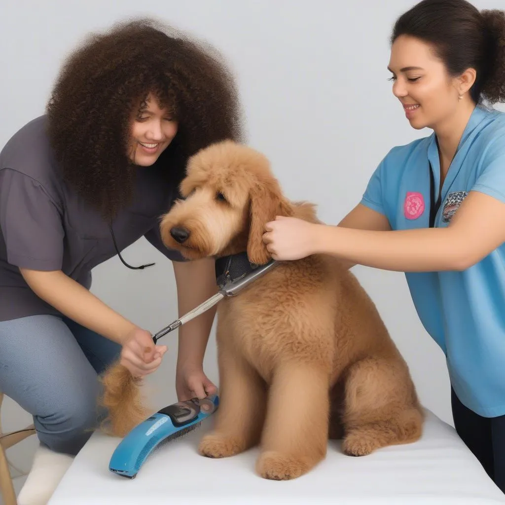 Goldendoodle being groomed by a professional