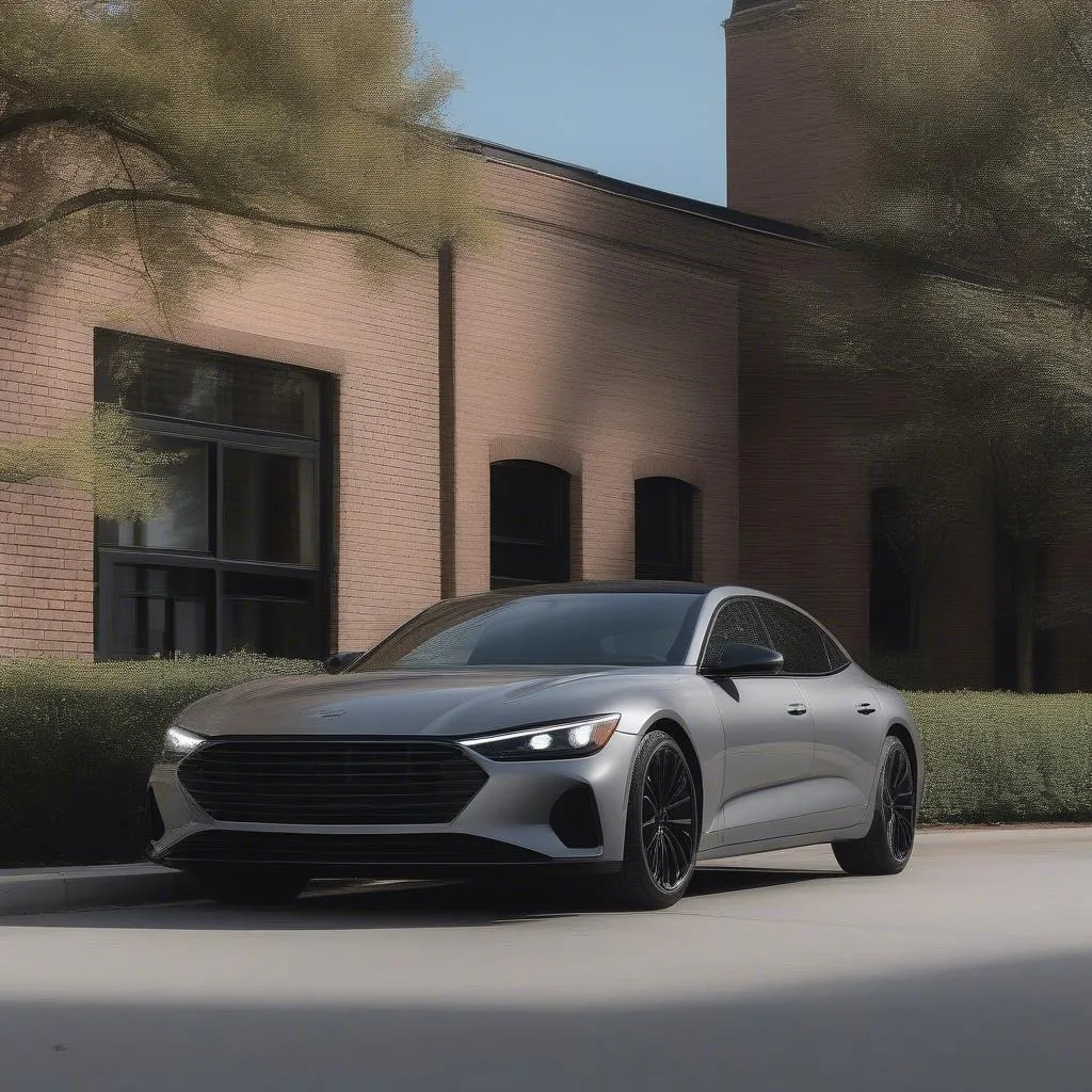 A gray car with black rims parked on a street