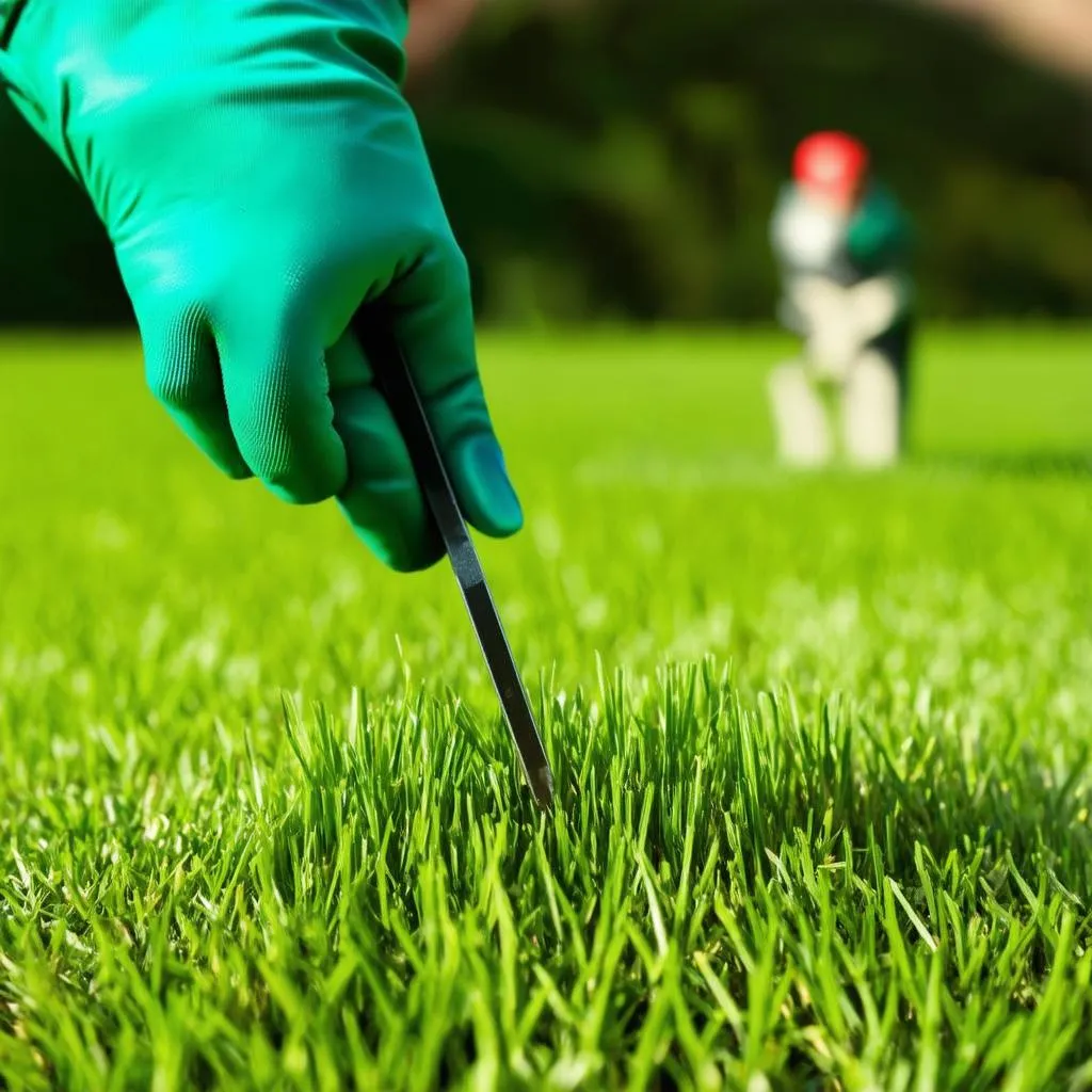 A lawn care expert inspecting the health of a lawn