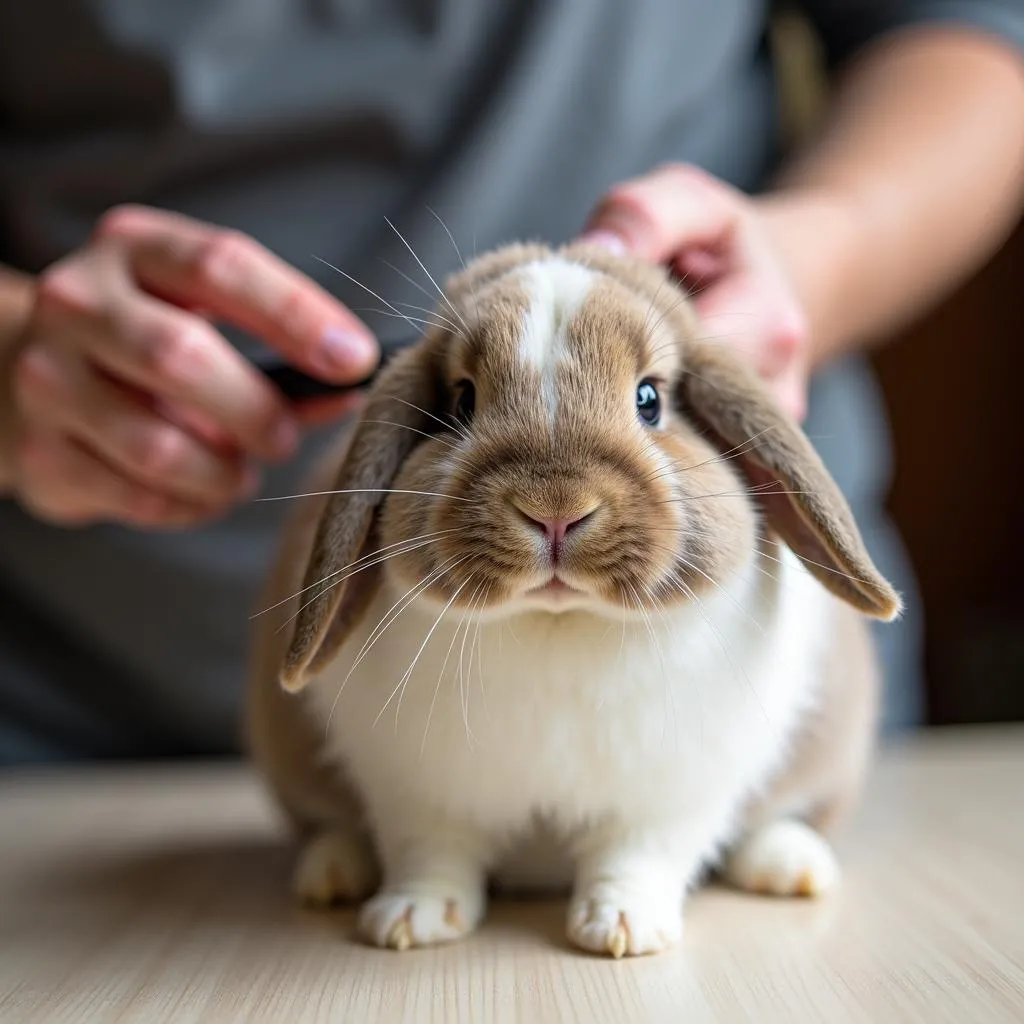 A person gently brushing a Holland Lop bunny