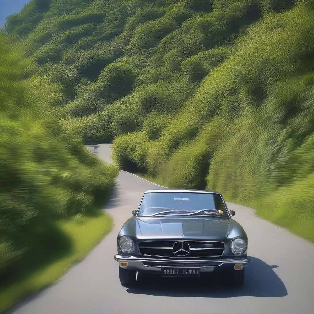 Gunmetal car driving on a scenic road