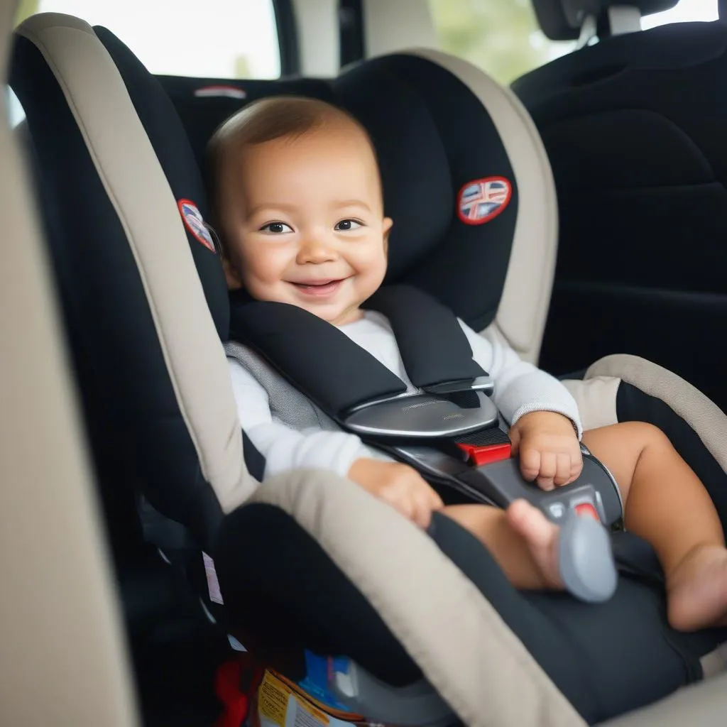 A happy baby sitting in a Britax Marathon G4.1 car seat.