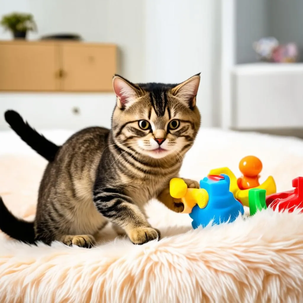 Happy Cat Playing with Toys