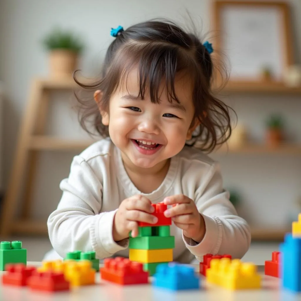 Happy child playing with blocks