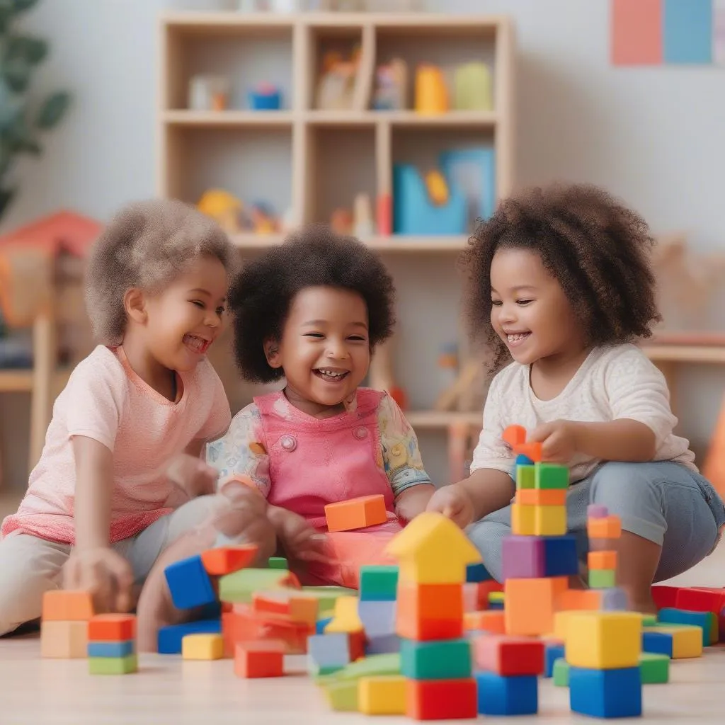 Happy children playing with blocks