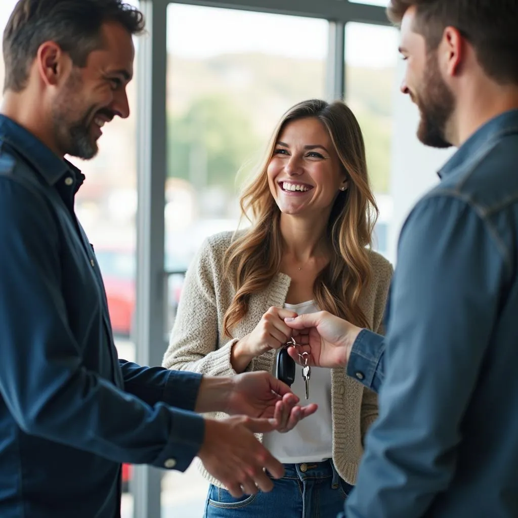 Happy couple buying a used car