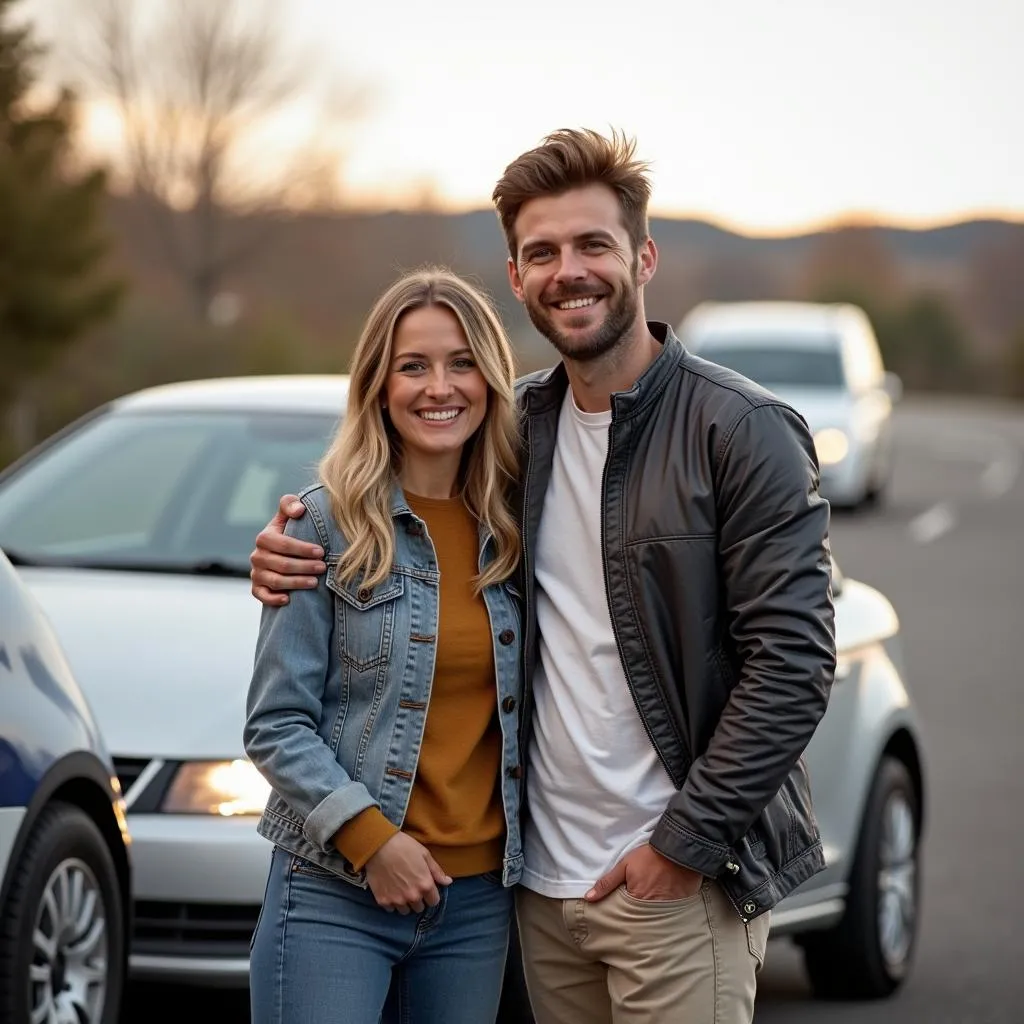 Happy couple with their new used car