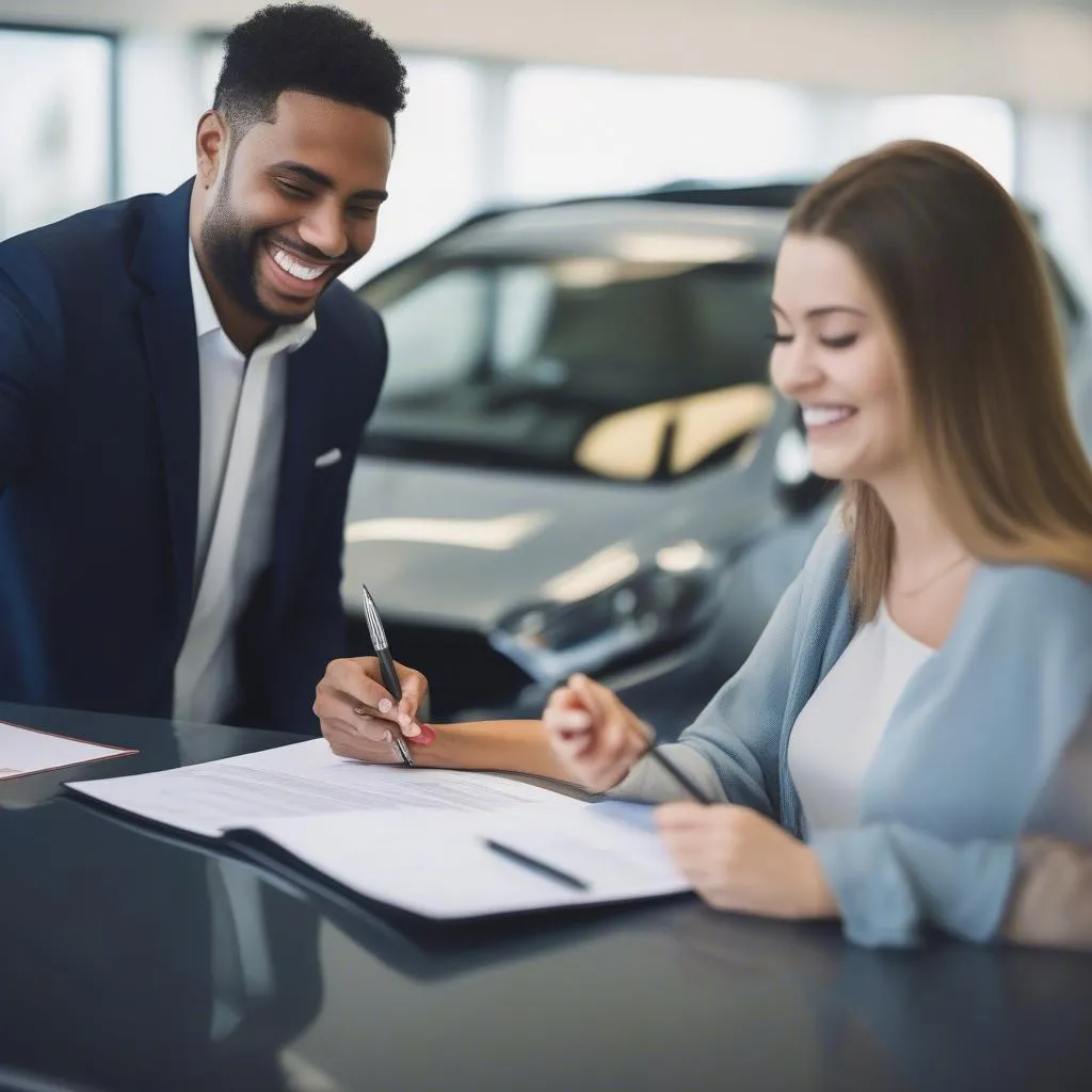 A happy customer signing papers at a car dealership