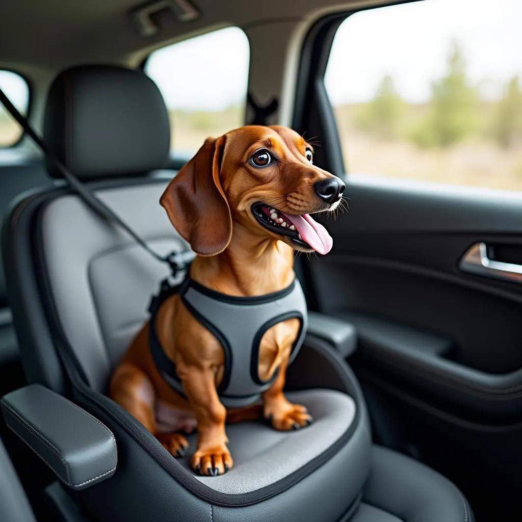 Happy Dachshund Enjoying Road Trip in Car Booster Seat