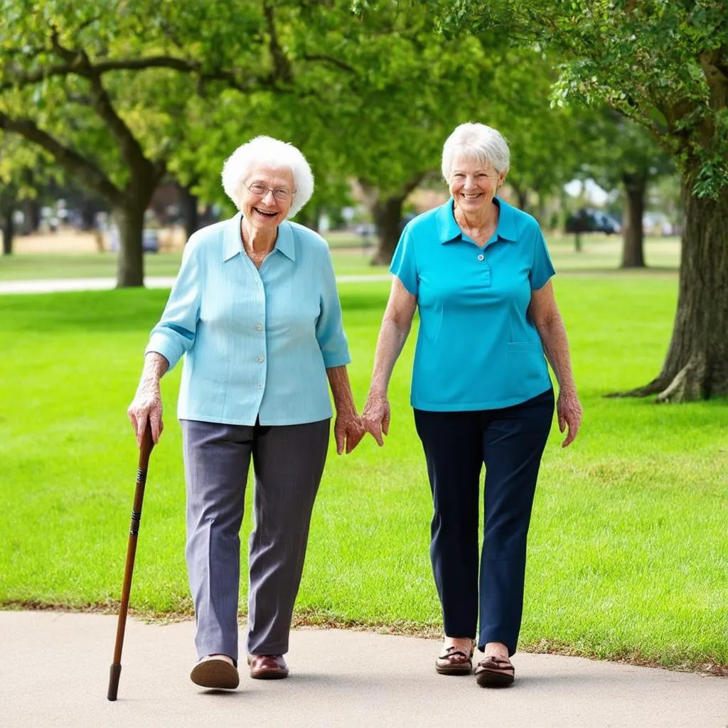 Happy senior woman walking in the park, with a care giver by her side