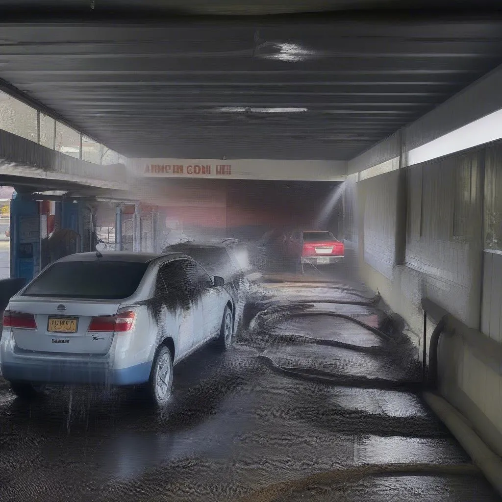 A car wash in Indiana with malfunctioning equipment, including a broken down conveyor belt