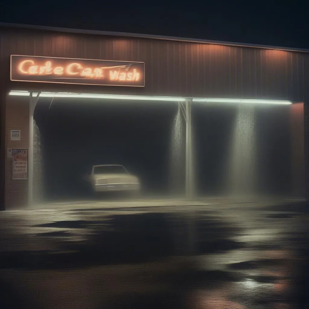 A deserted car wash in Indiana at night, the lights flickering ominously