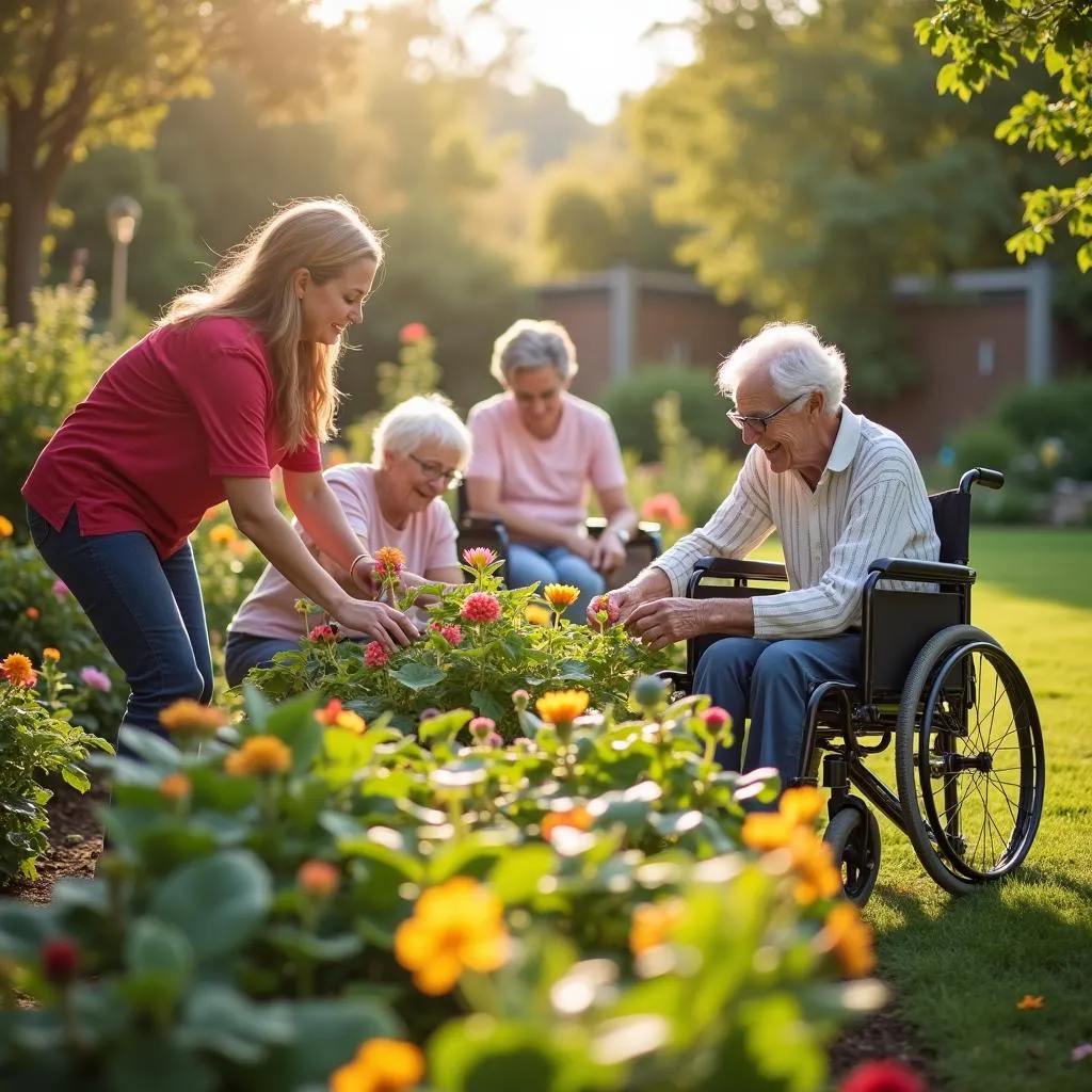 Senior residents tending to a vibrant community garden at a Hidden Valley assisted living facility