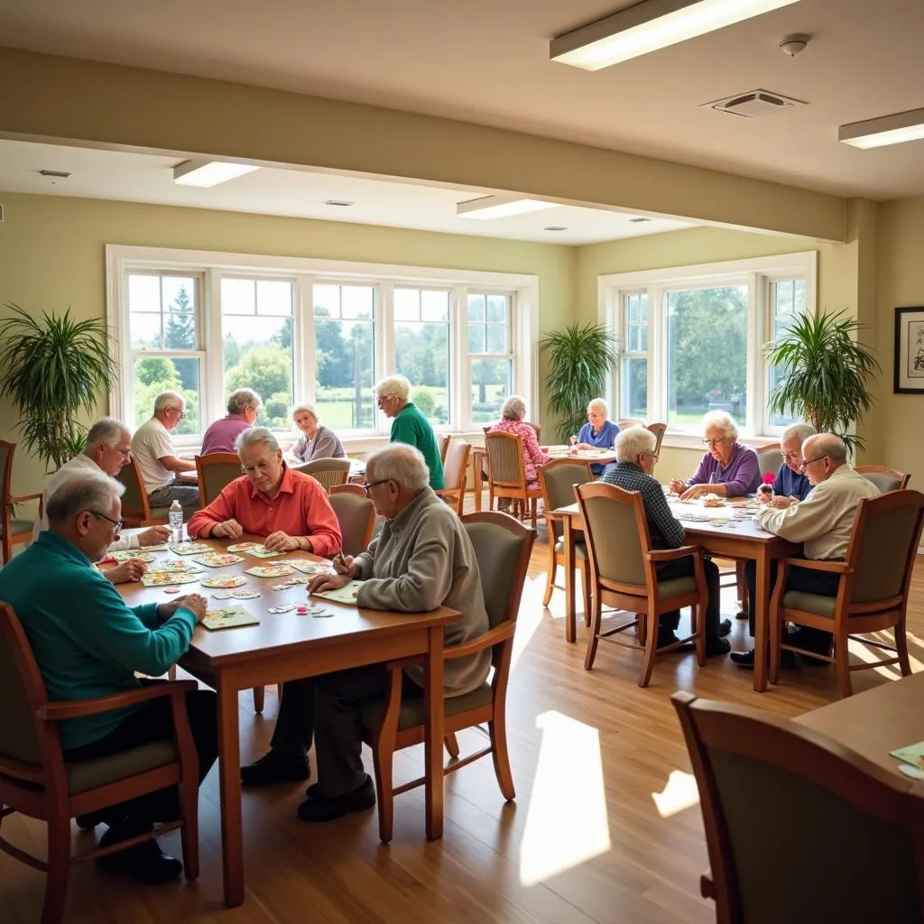 A spacious activities room in a Hidden Valley memory care facility, designed to stimulate cognitive function.