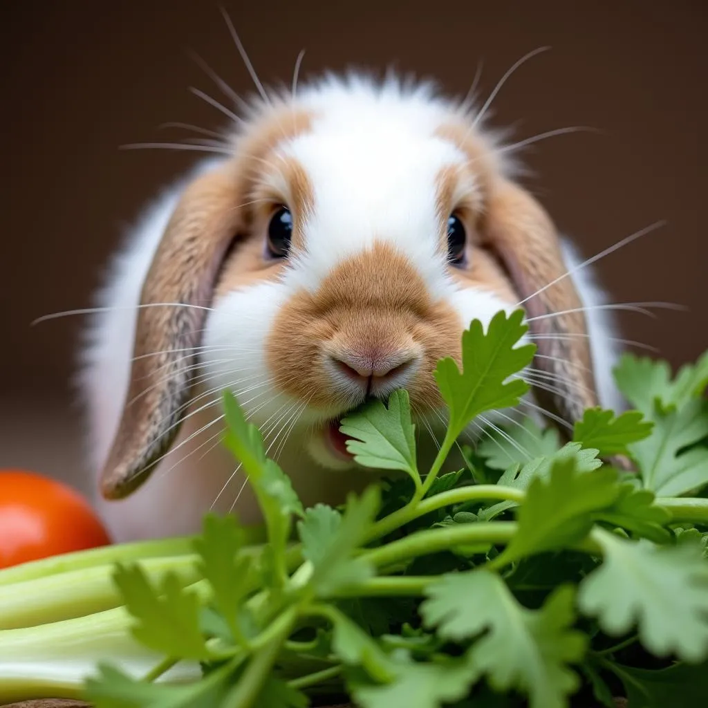 Holland Lop bunny enjoying fresh vegetables