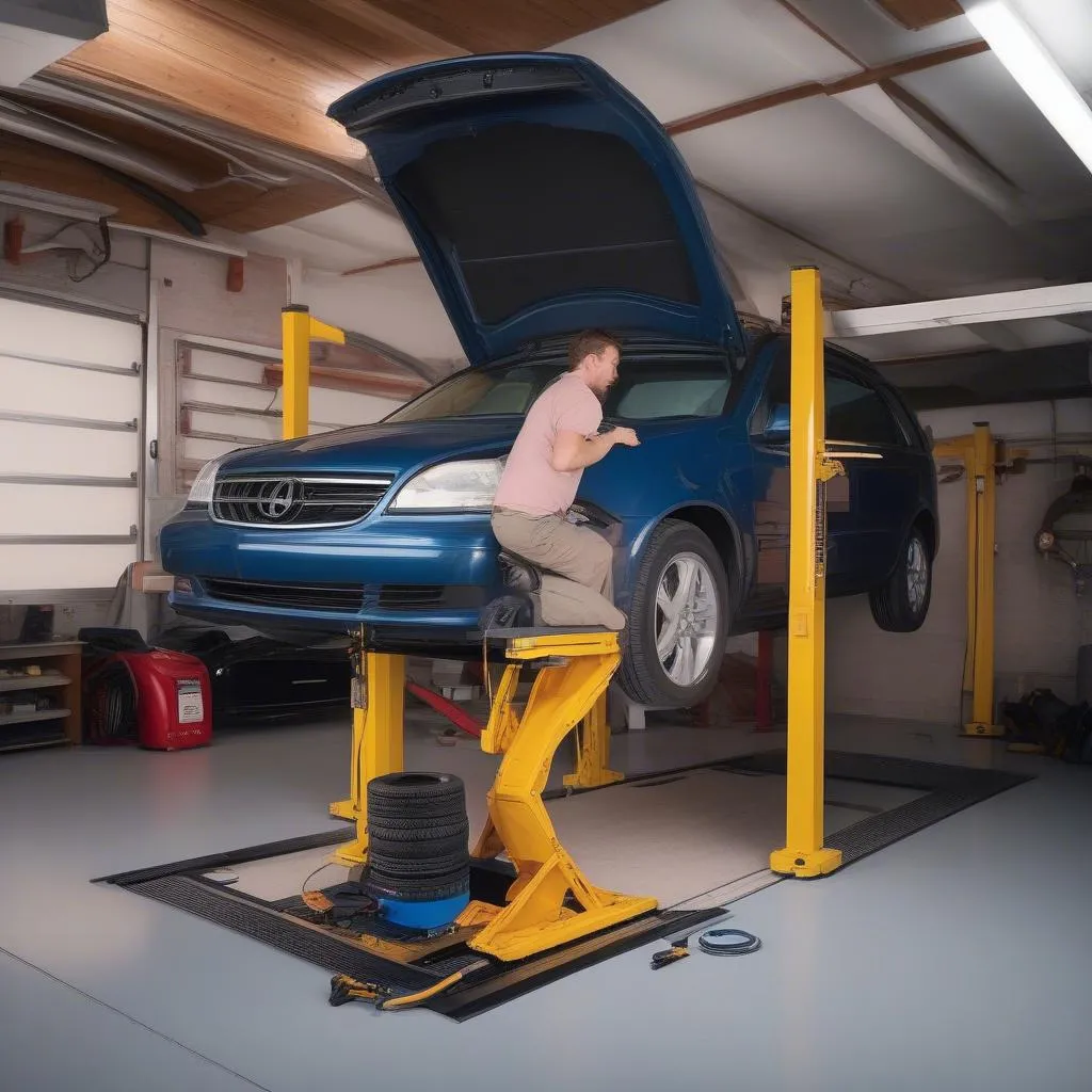 Home garage mechanic working on a car