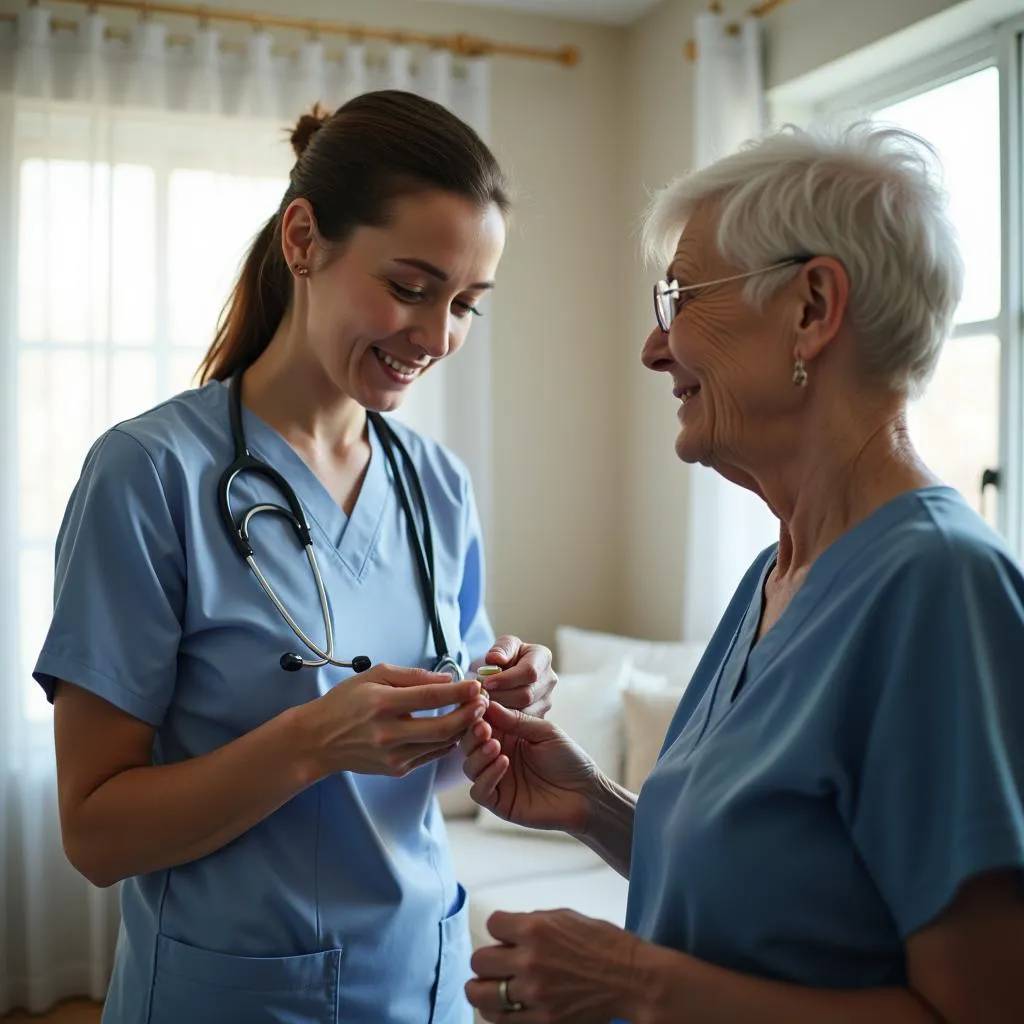 Home healthcare worker helping a senior with medication