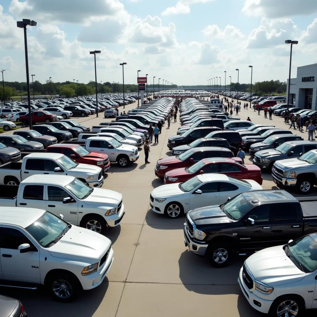 Busy Houston car dealership lot with a variety of vehicles