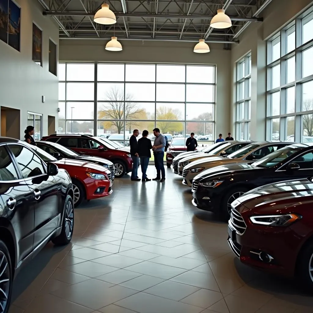 Customer exploring cars in a Huber Heights dealership showroom