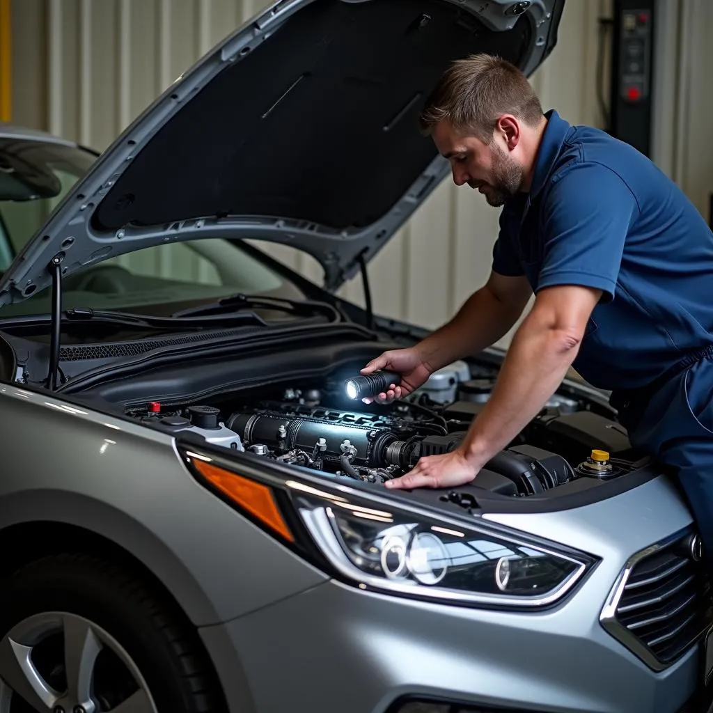 Inspecting the Engine Bay of a Hyundai Sonata