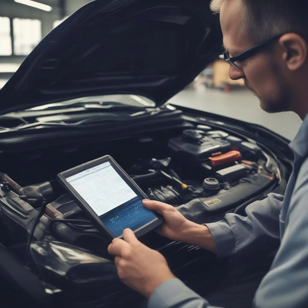 Mechanic Using iCar OBD for European Car Diagnostics