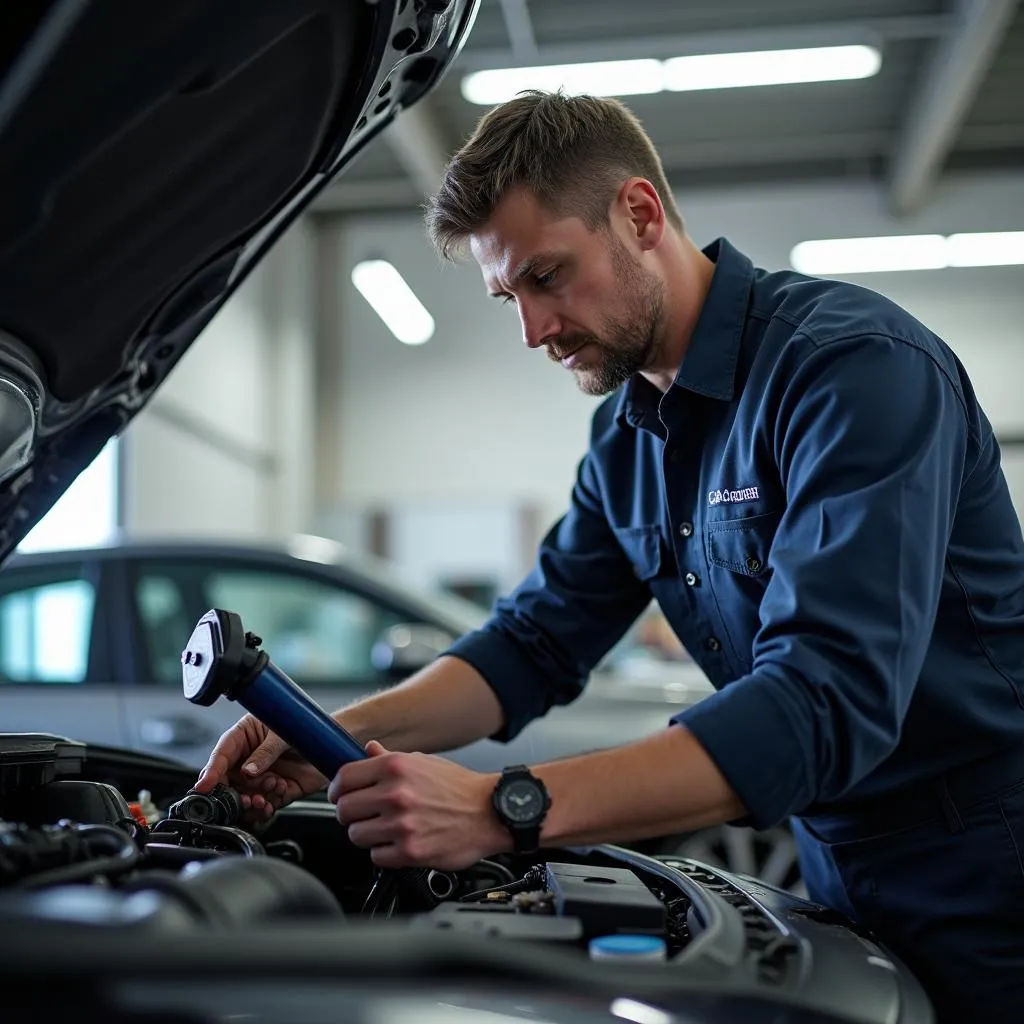 In-home car care technician working on a car engine.