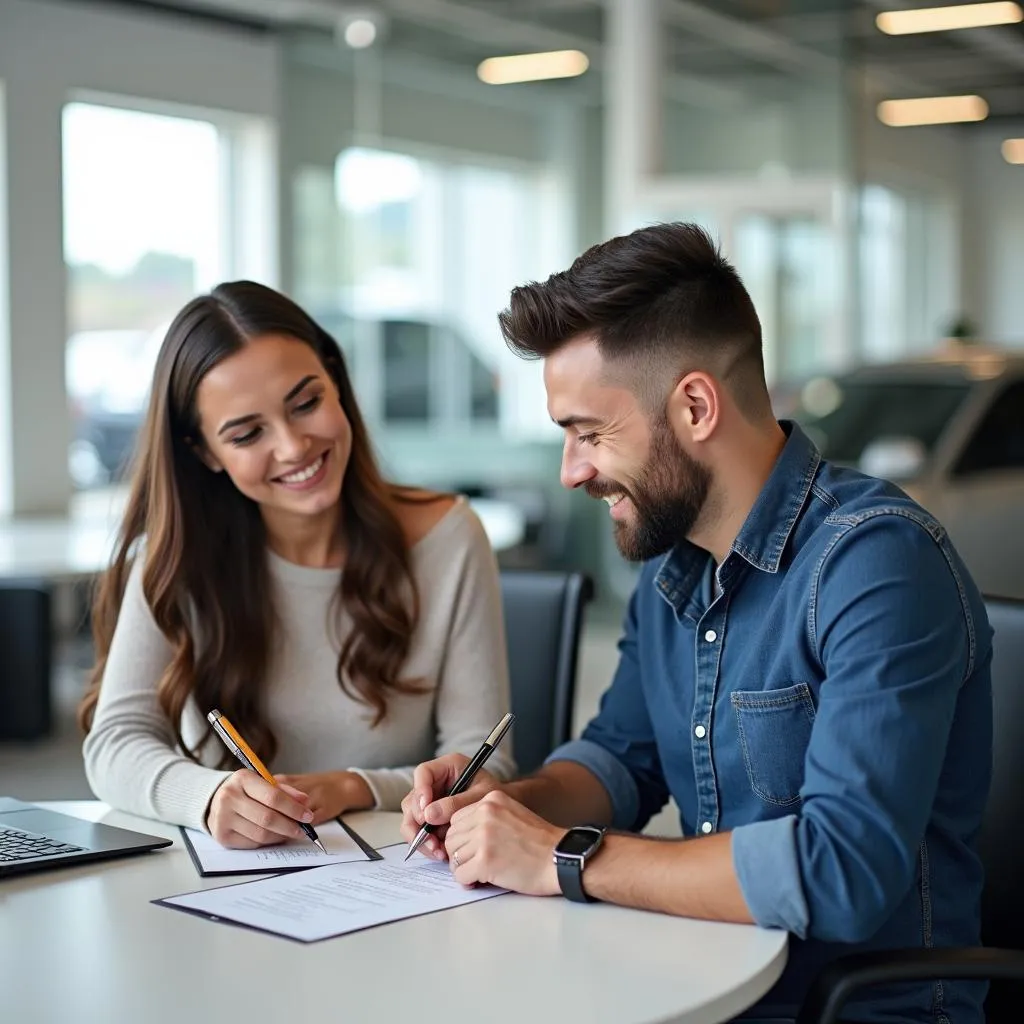 Couple signing car loan documents inside a dealership