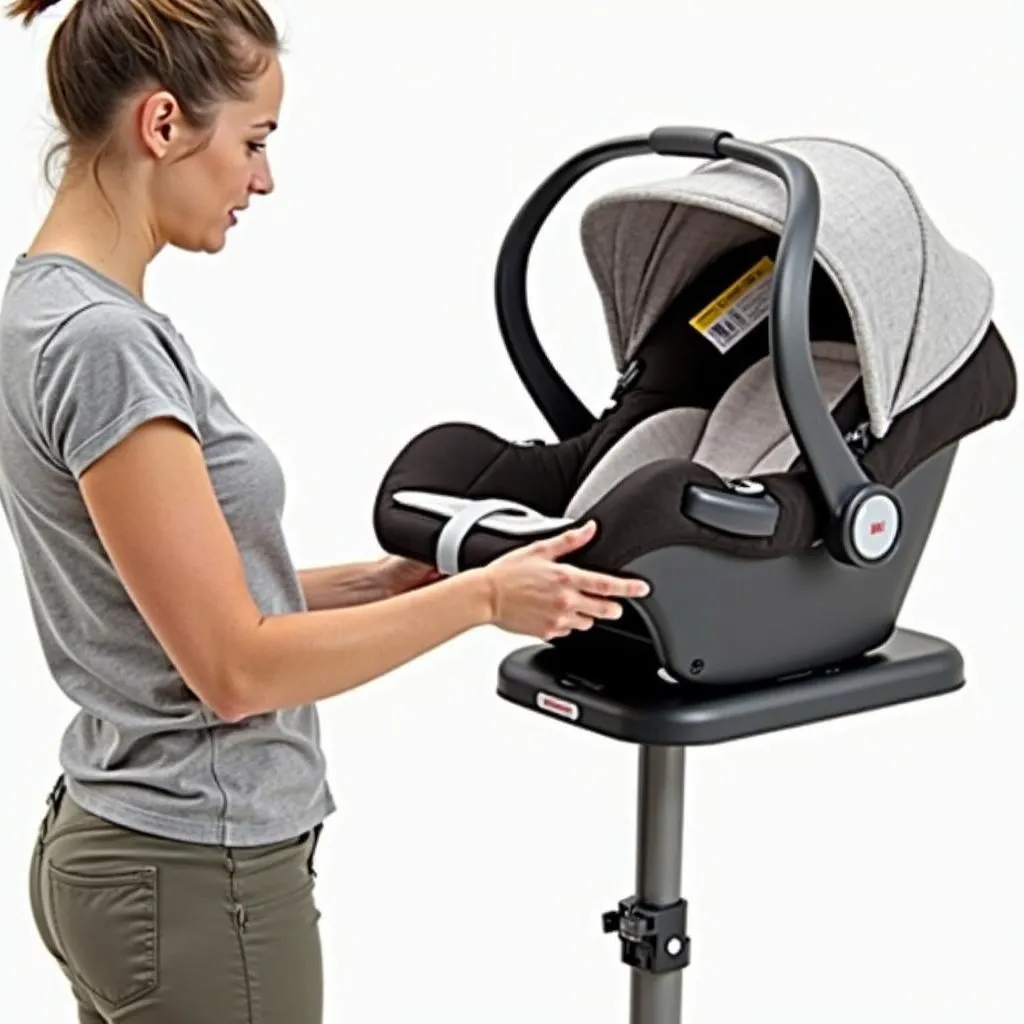 Parent using an infant car seat stand